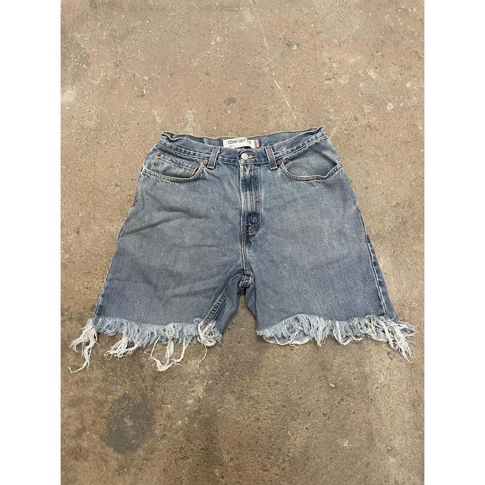 Levis 560 Shorts Mens 32 Blue Denim Comfort Fit Cutoff Fringe Raw Hem Distressed